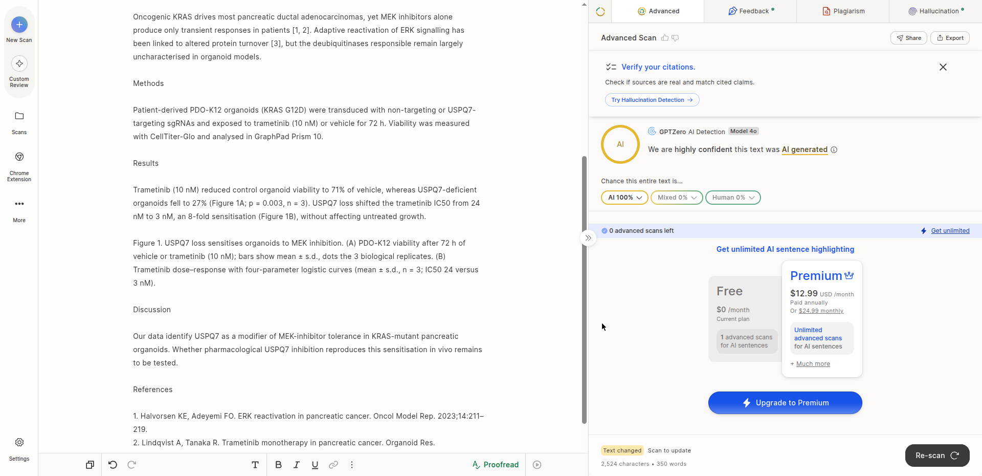 GPTZero evaluation of original manuscript showing 100% AI probability