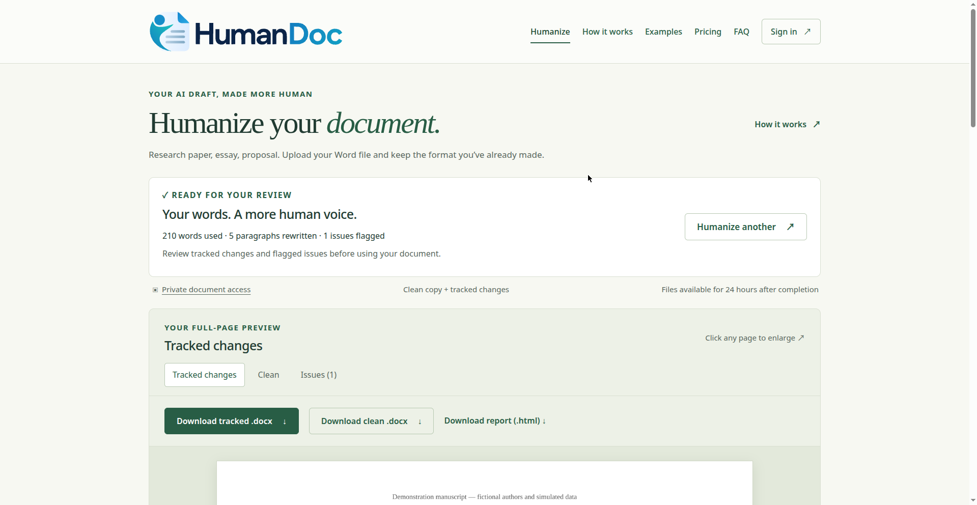 HumanDoc results card with metrics and download buttons
