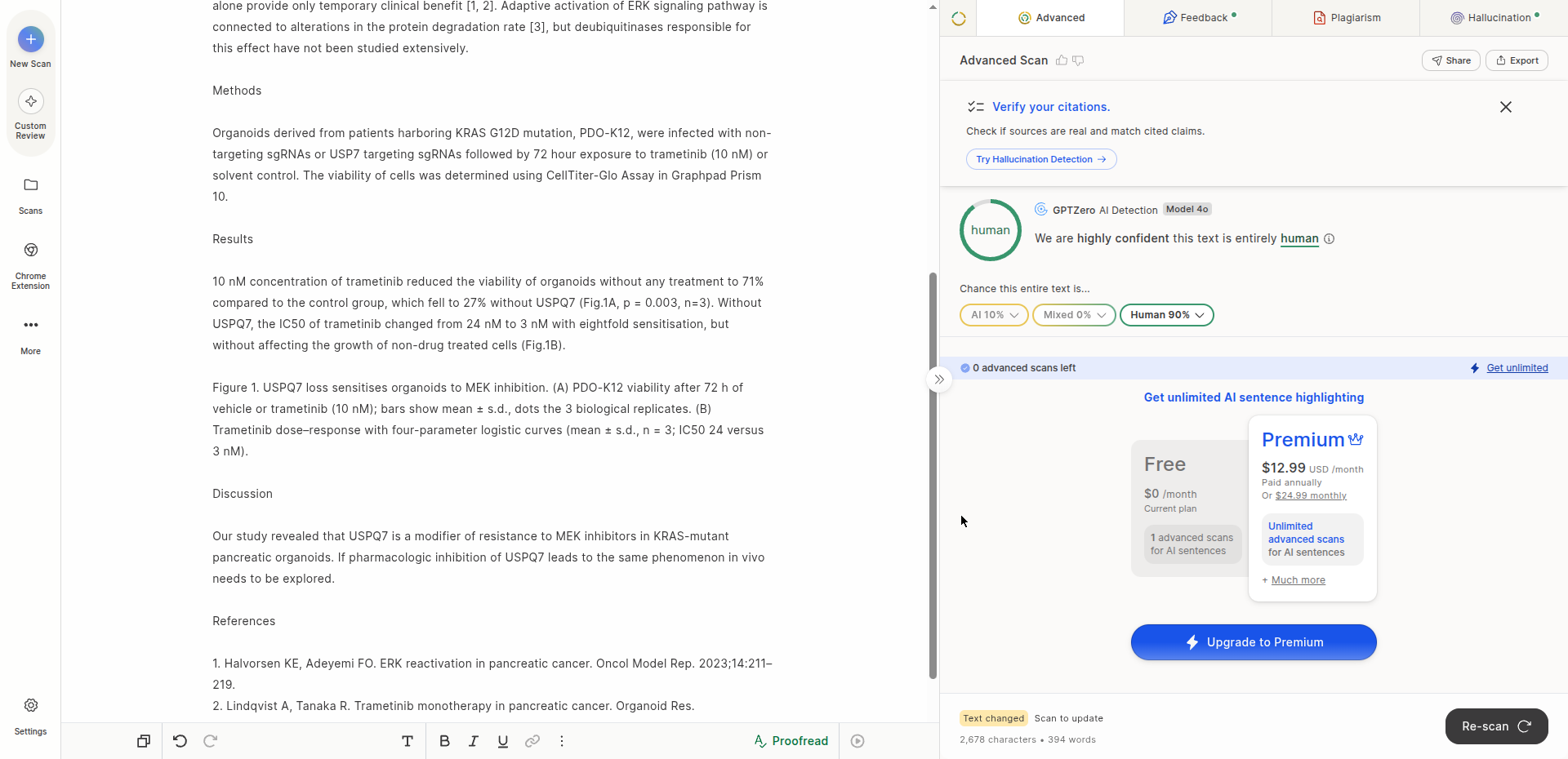 GPTZero report of HumanDoc output showing 10 percent AI