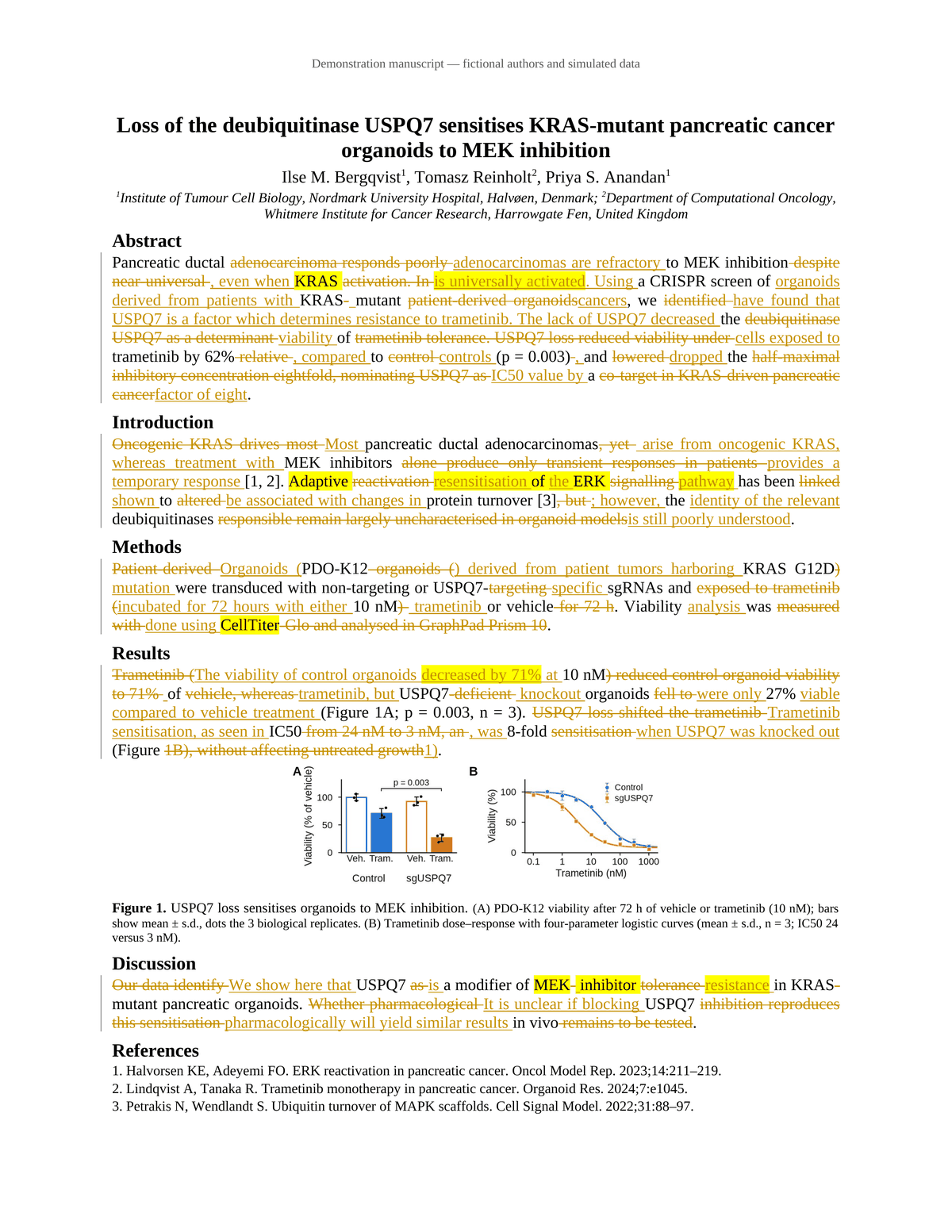 Fictional manuscript with red and blue tracked edits and yellow highlights for meaning changes